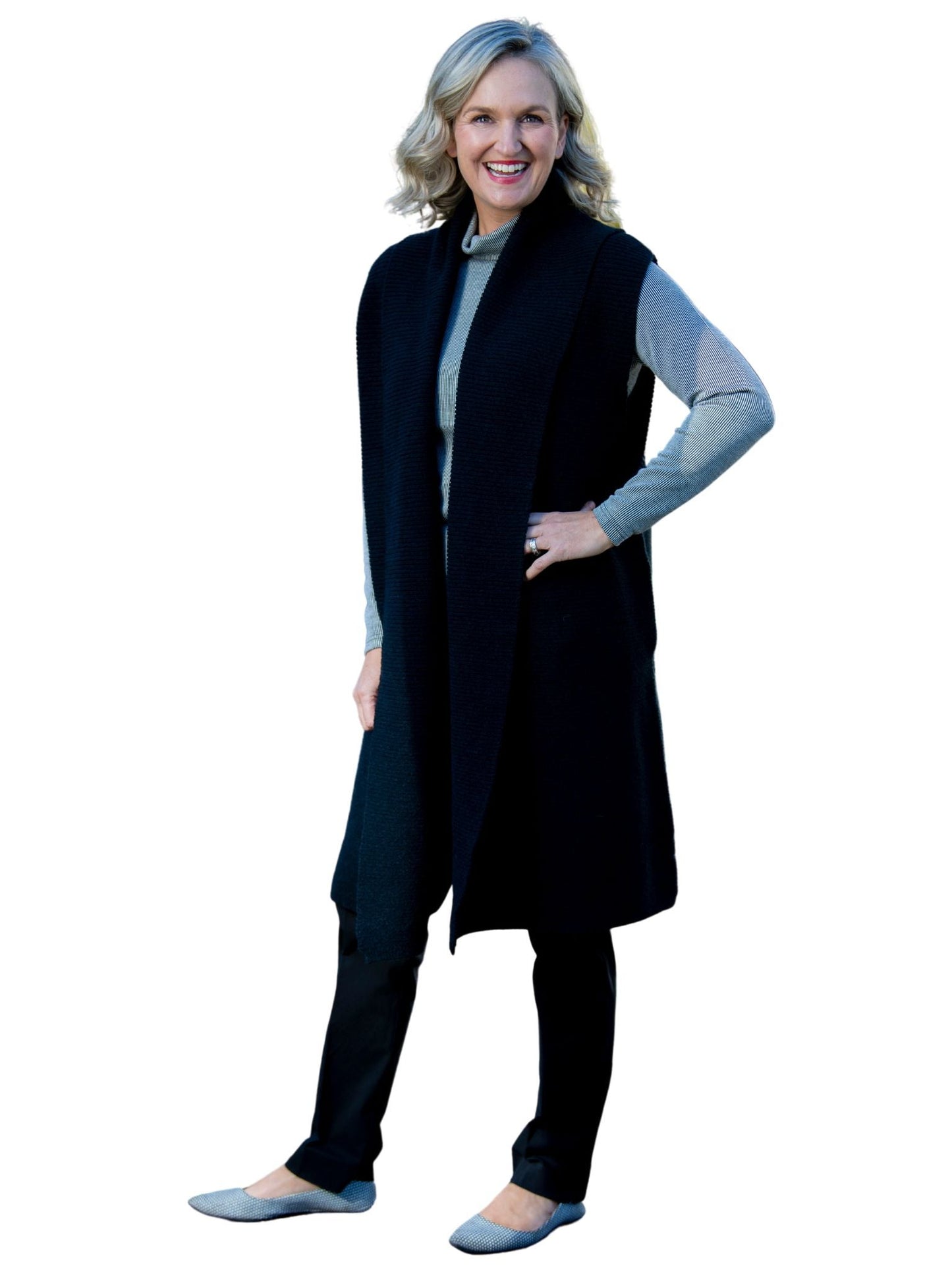 Soft Knit Longline Ribbed Vest with pockets #5011 - Black