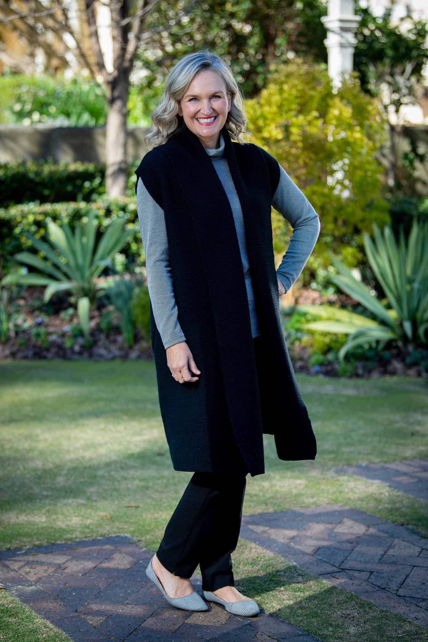 Soft Knit Longline Ribbed Vest with pockets #5011 - Black