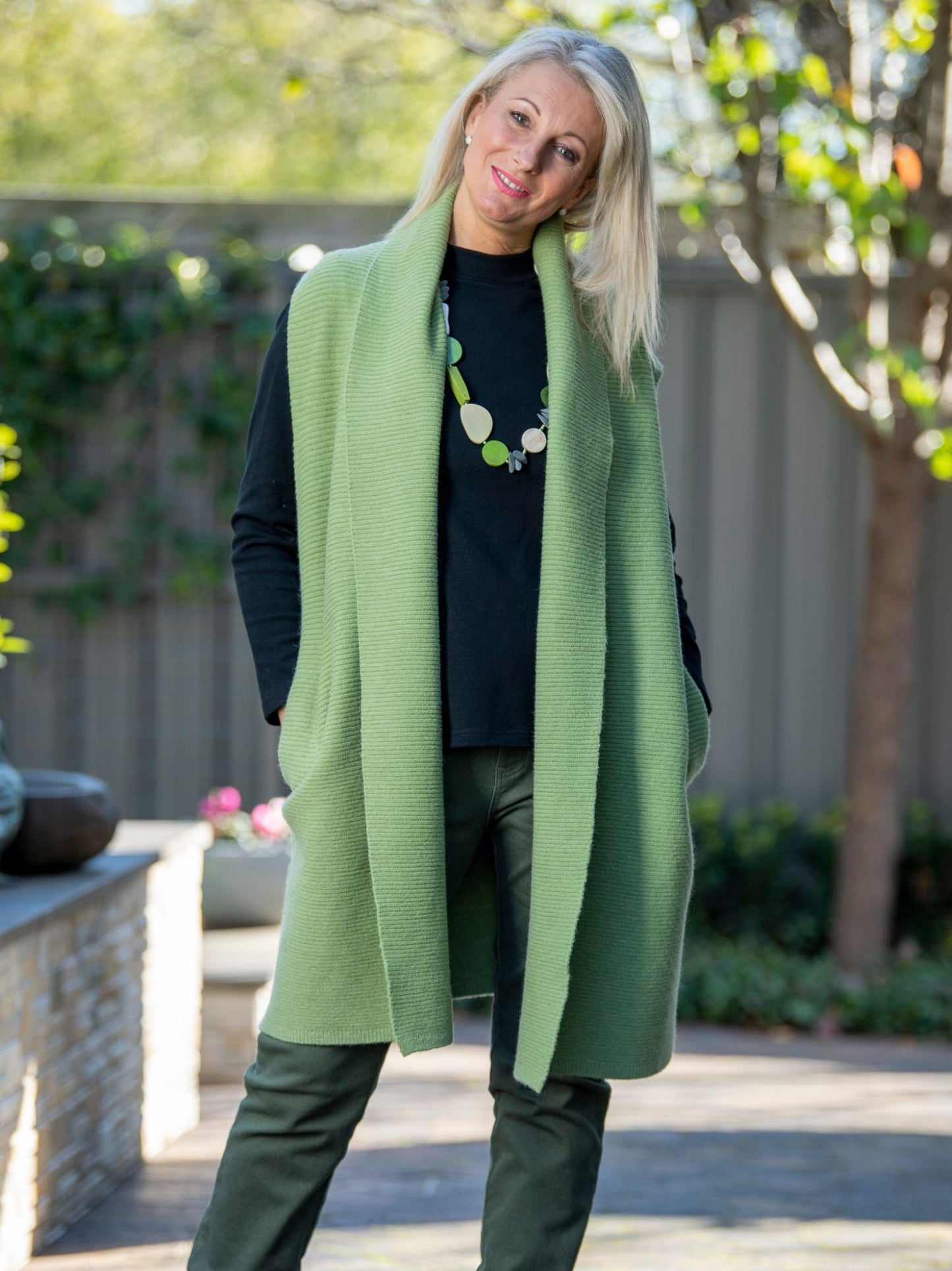 Soft Knit Longline Ribbed Vest with pockets #5011 - Green