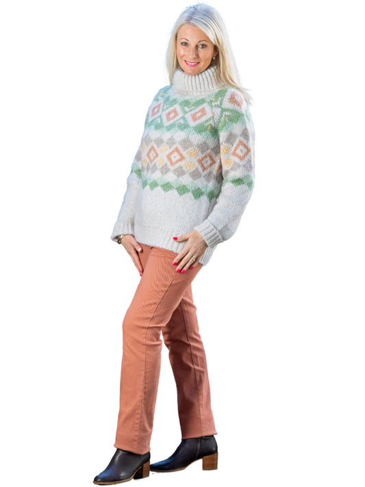 Wool blend Roll Neck Diamond Fairisle knit jumper #5817 Ivory Multi