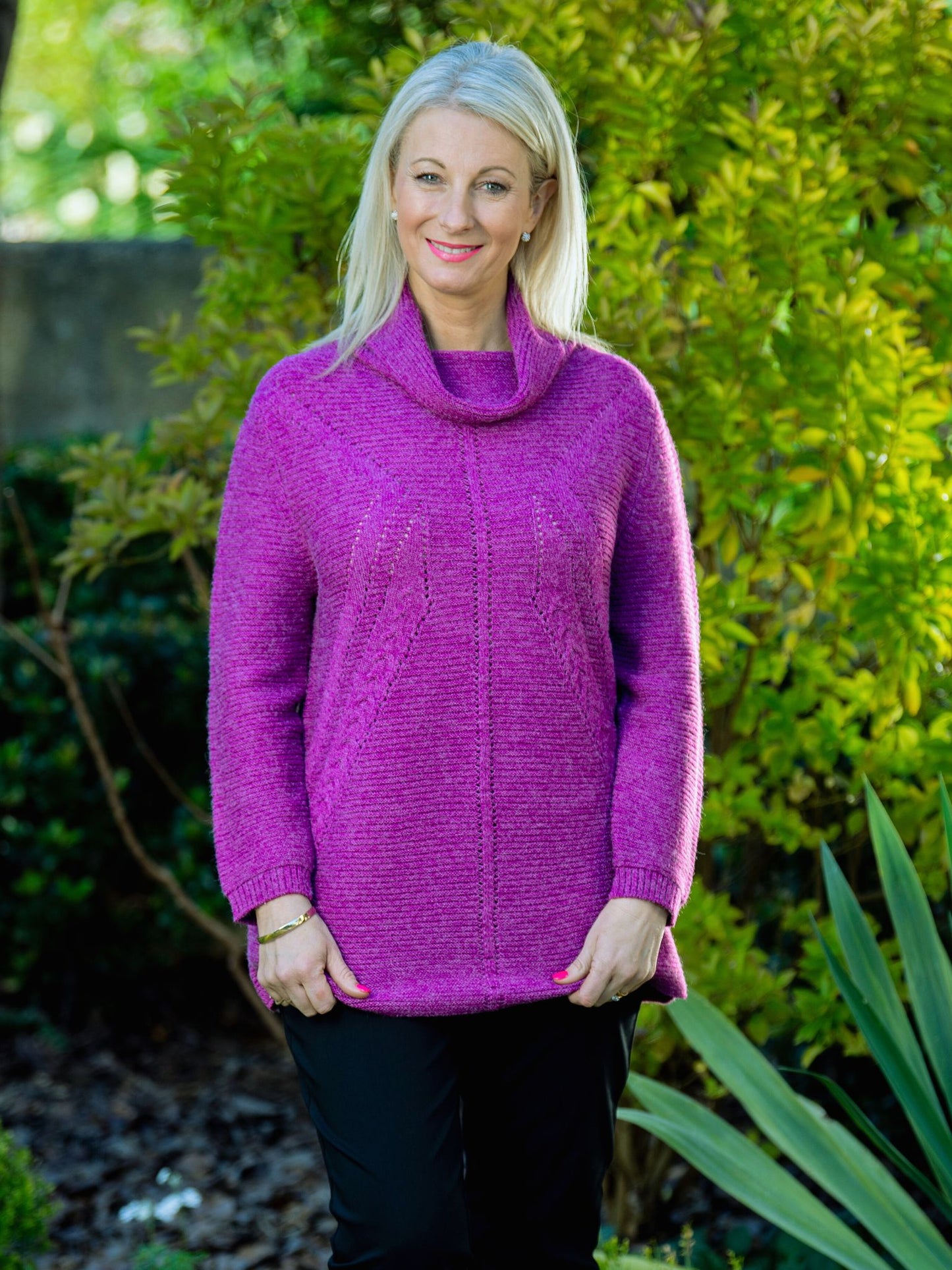 Cowl Neck Drop Needle Detail Knit Jumper #5524 Plum