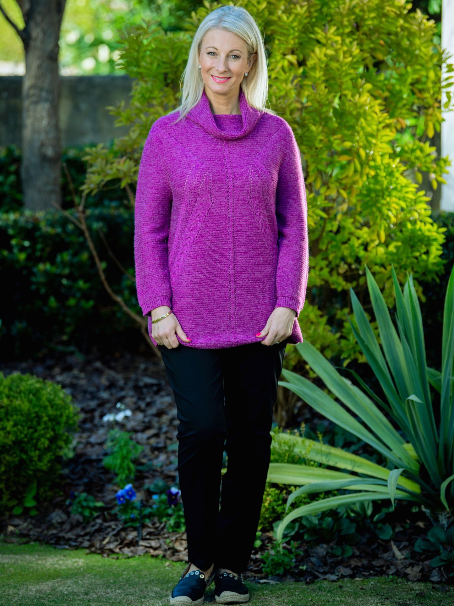 Cowl Neck Drop Needle Detail Knit Jumper #5524 Plum