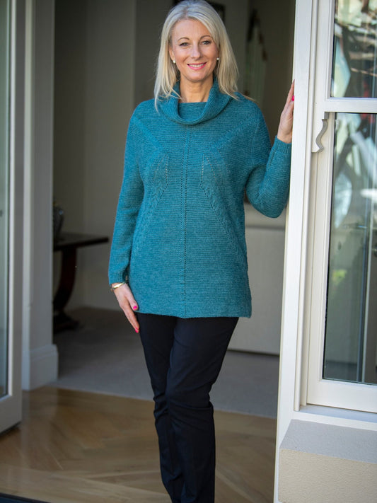 Cowl Neck Drop Needle Detail Knit Jumper #5524 Peacock