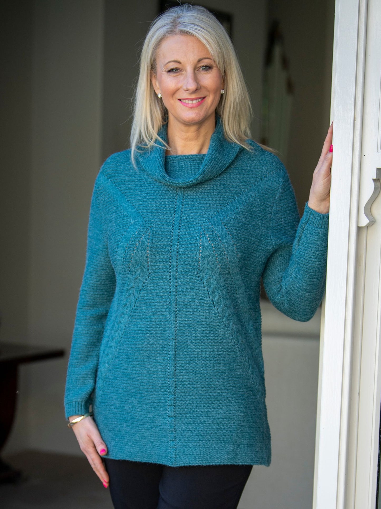 Cowl Neck Drop Needle Detail Knit Jumper #5524 Peacock