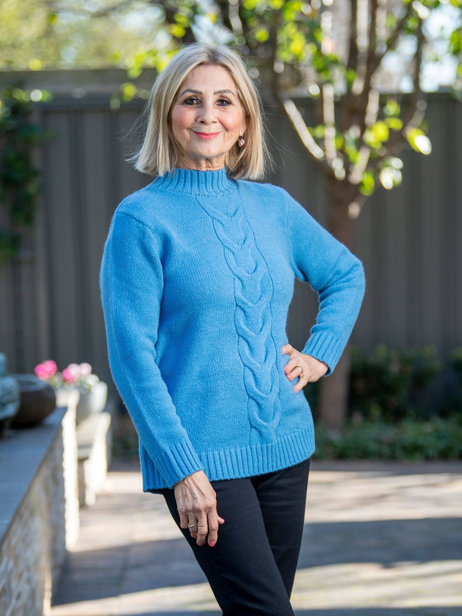 Cable Knit Sweater Women's Blue Polo Neck Jumper Equinox