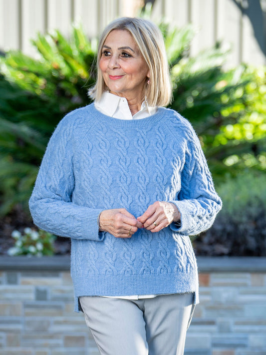 All over cable knit raglan sleeve Crew Neck jumper #5766 - Blue