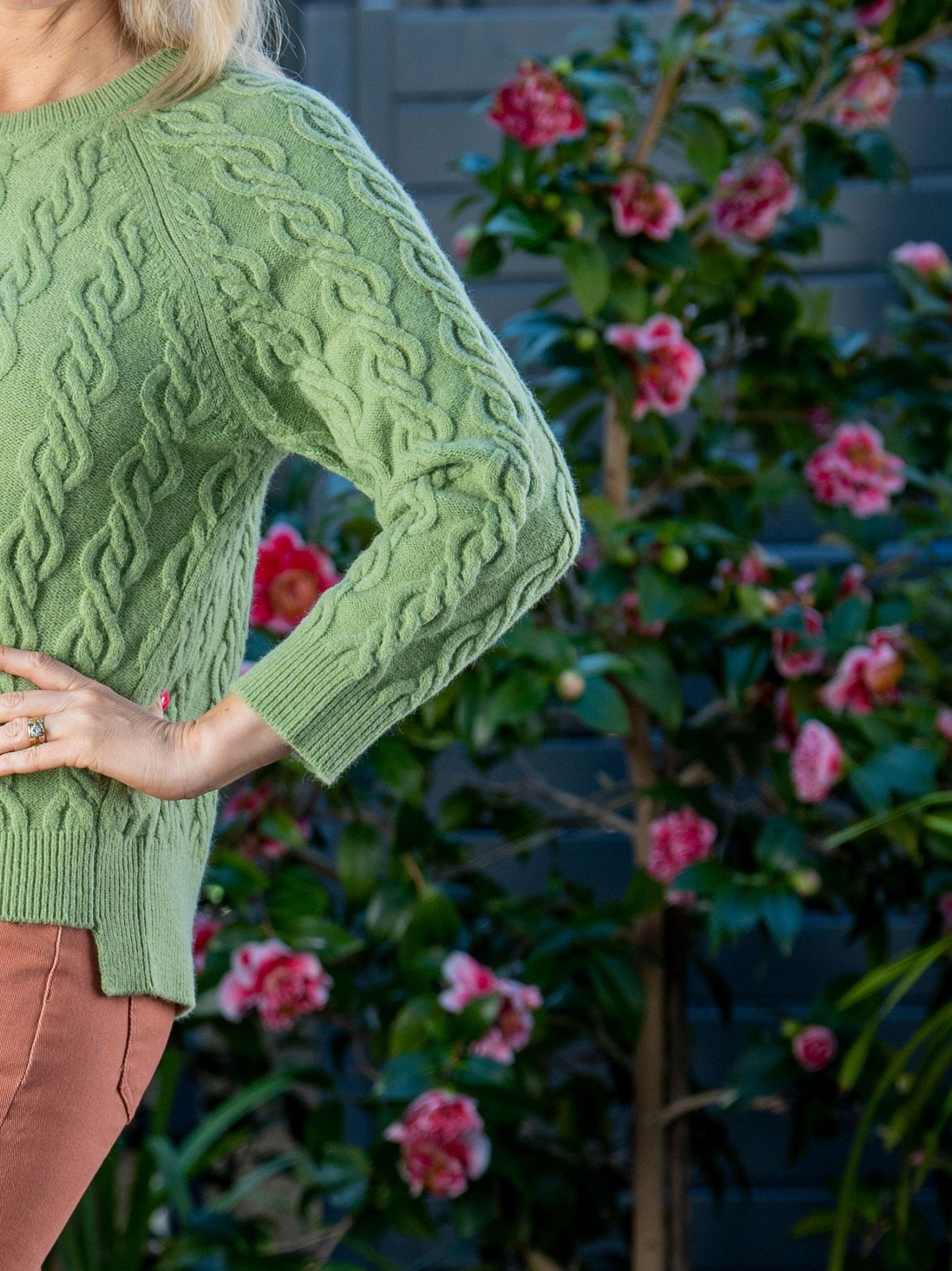 All over cable knit raglan sleeve Crew Neck jumper #5766 - Green