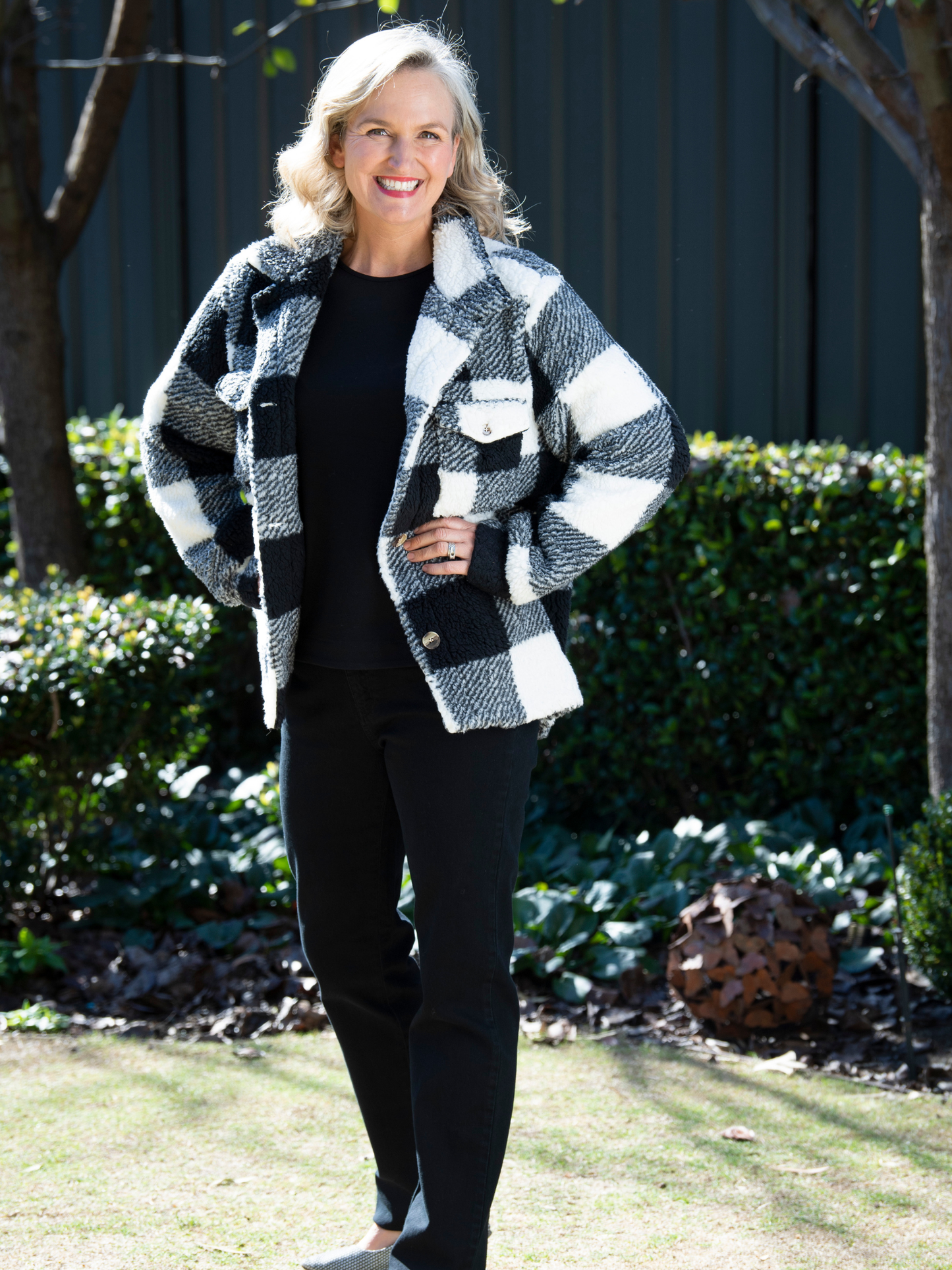 Check Sherpa Button up Jacket with patch and side pockets #9230 Black