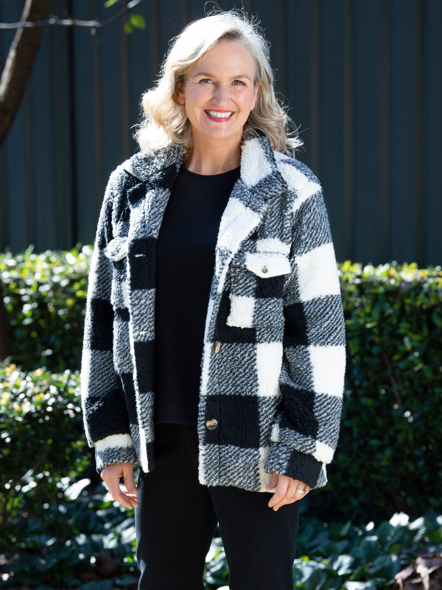 Check Sherpa Button up Jacket with patch and side pockets #9230 Black