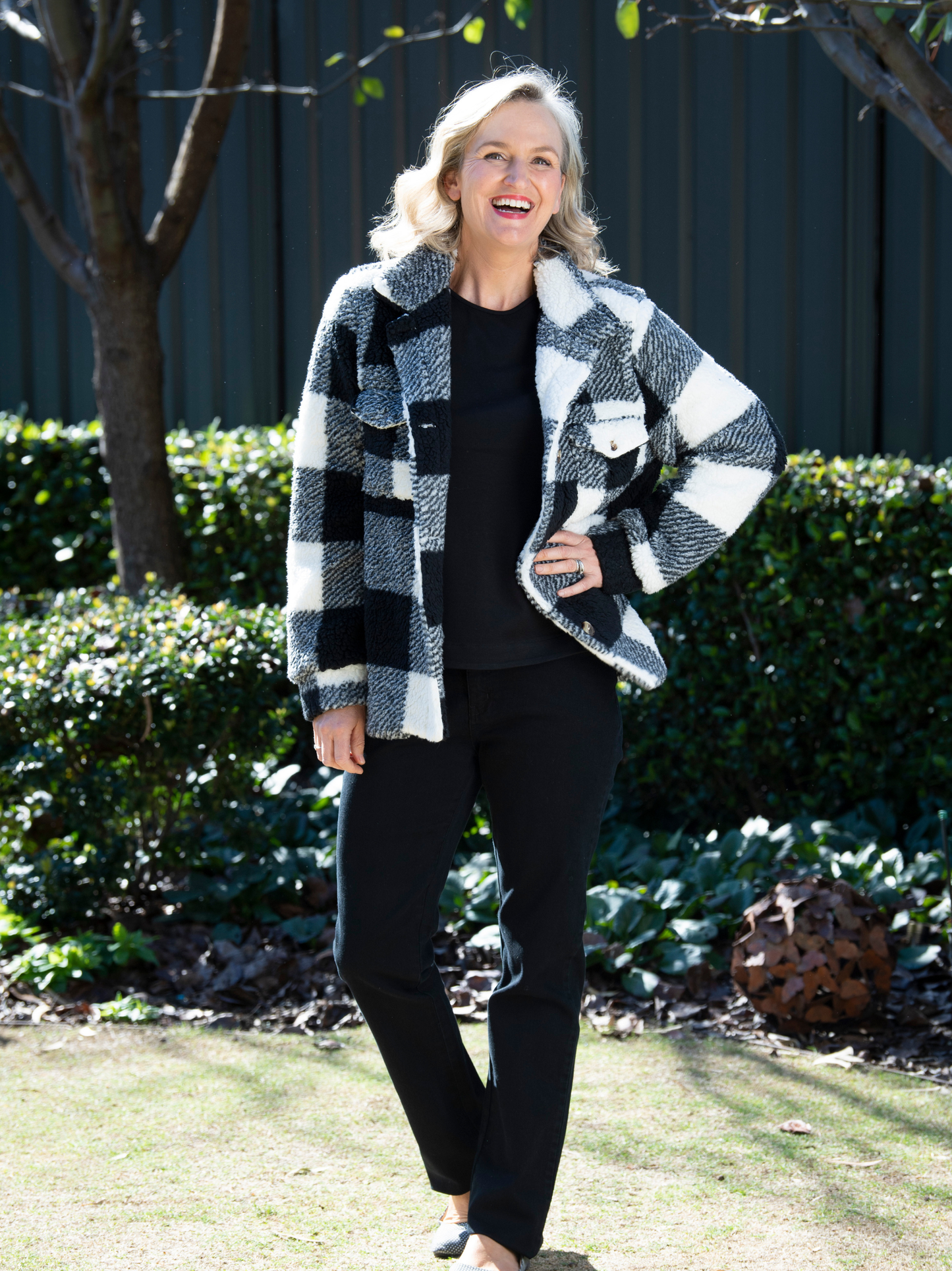 Check Sherpa Button up Jacket with patch and side pockets #9230 Black