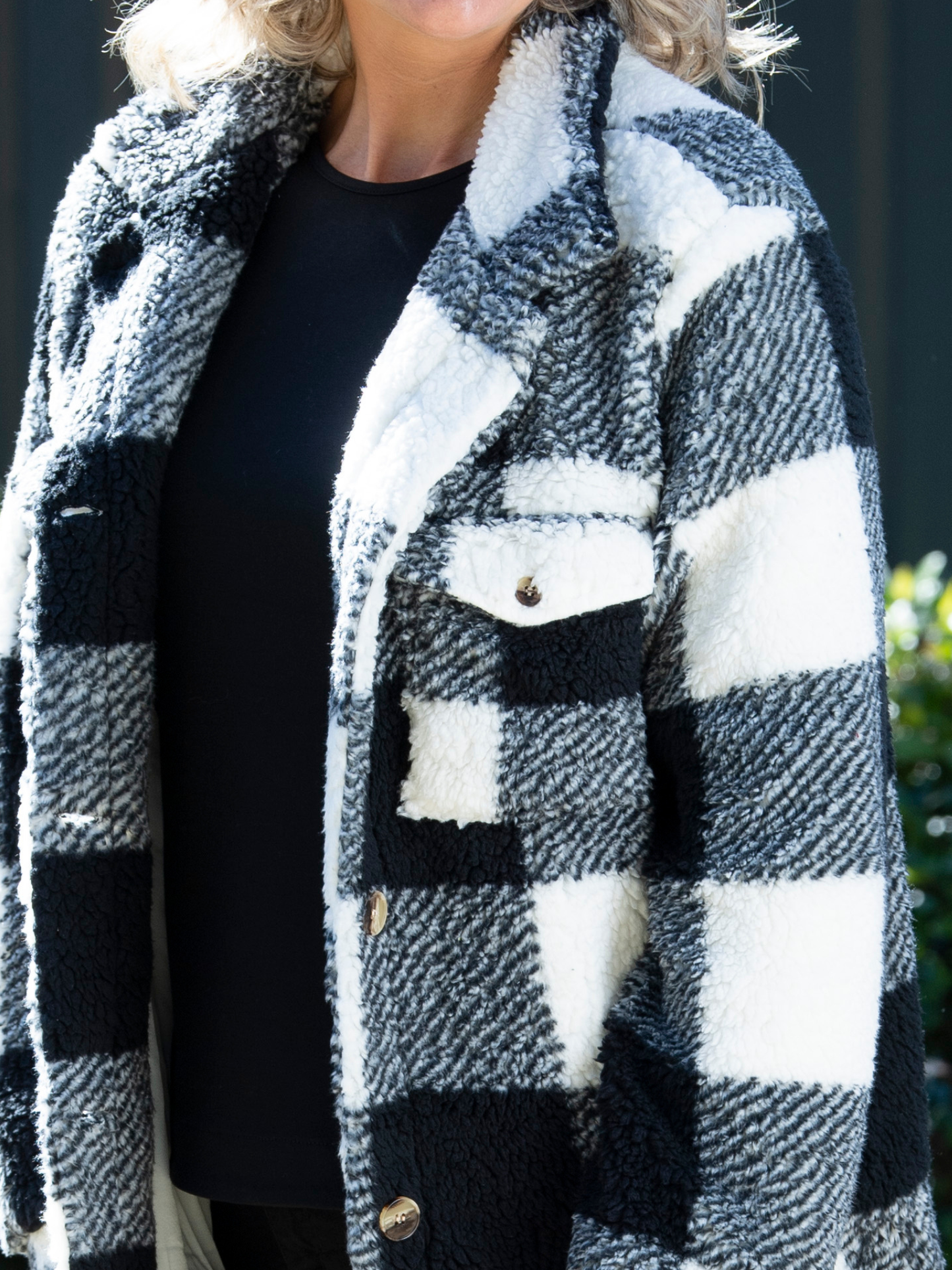 Check Sherpa Button up Jacket with patch and side pockets #9230 Black