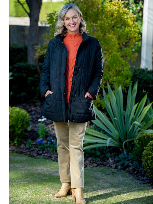 Thigh length quilted jacket with stud and zip opening #9468 - Black