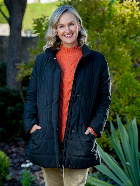 Thigh length quilted jacket with stud and zip opening #9468 - Black