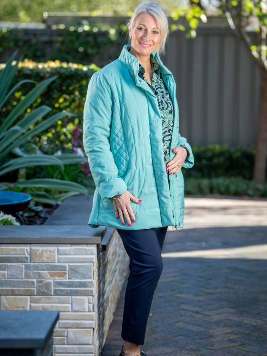 Thigh length quilted jacket with stud and zip opening #9468 - Sage