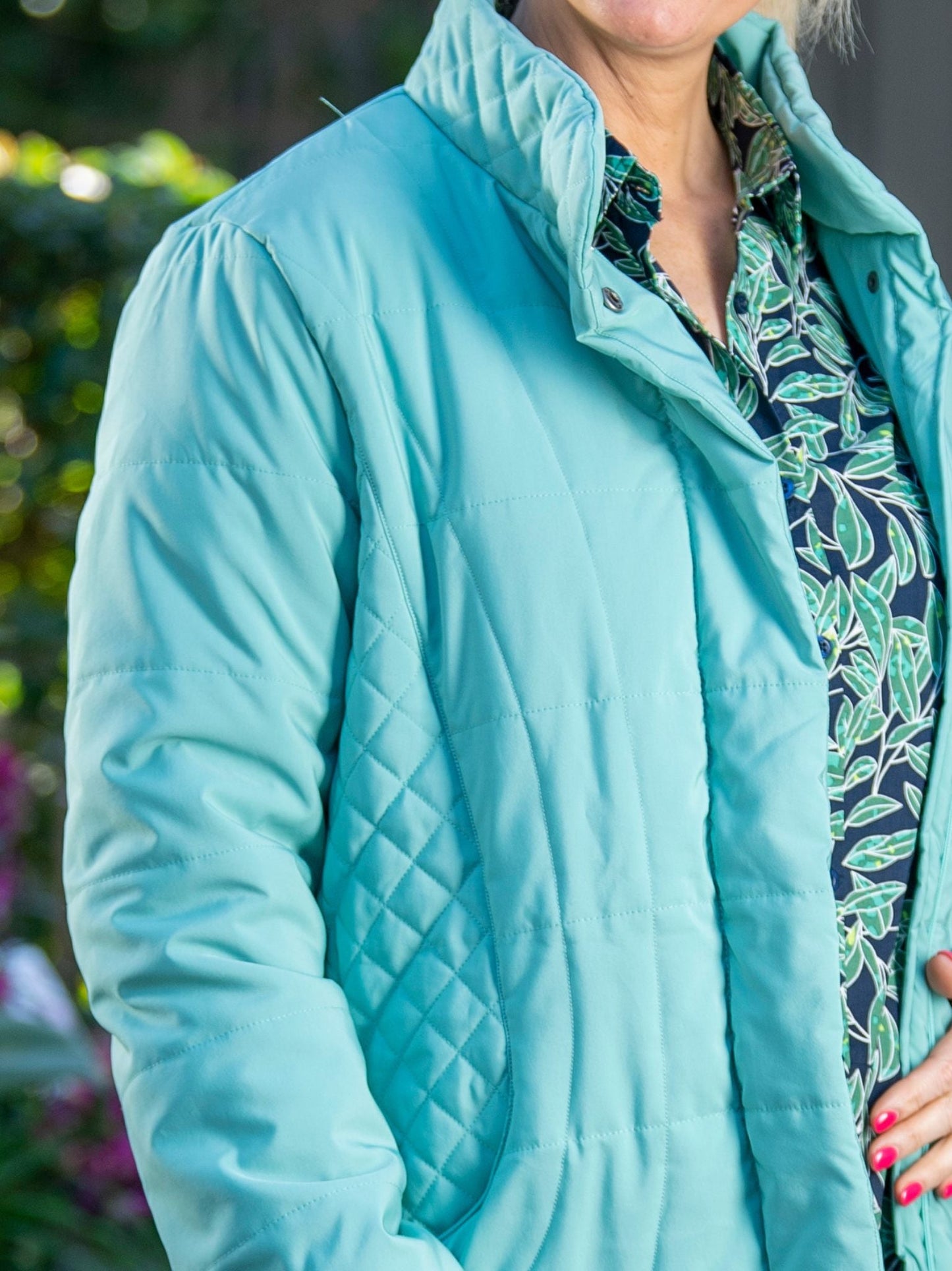 Thigh length quilted jacket with stud and zip opening #9468 - Sage