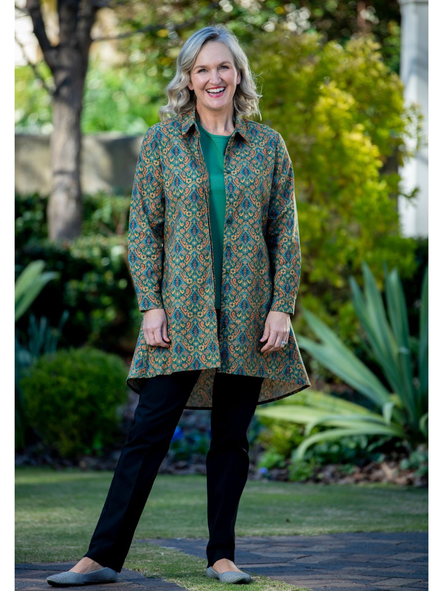 Hi-Lo hem Cotton Aztec "William Morris" print longline Shirt/Jacket with Pockets #3988 - Aztec