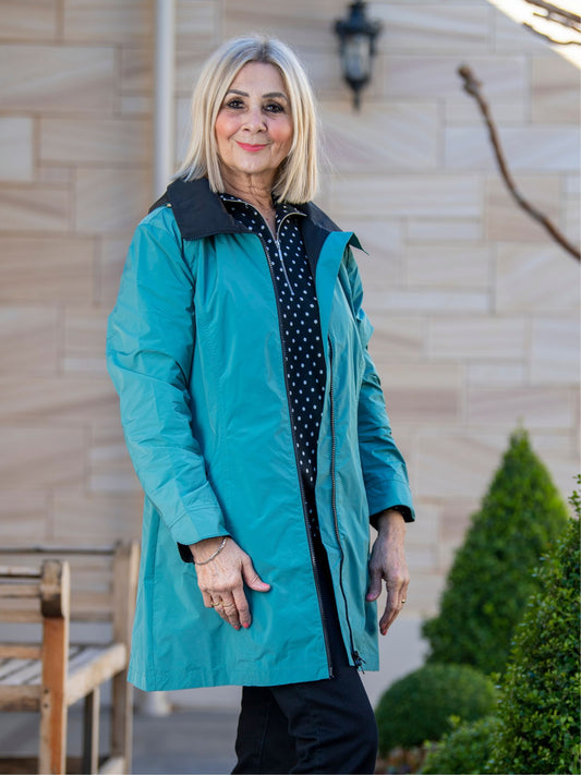 Waterproof thigh length zip front jacket with hood #9006 - Green