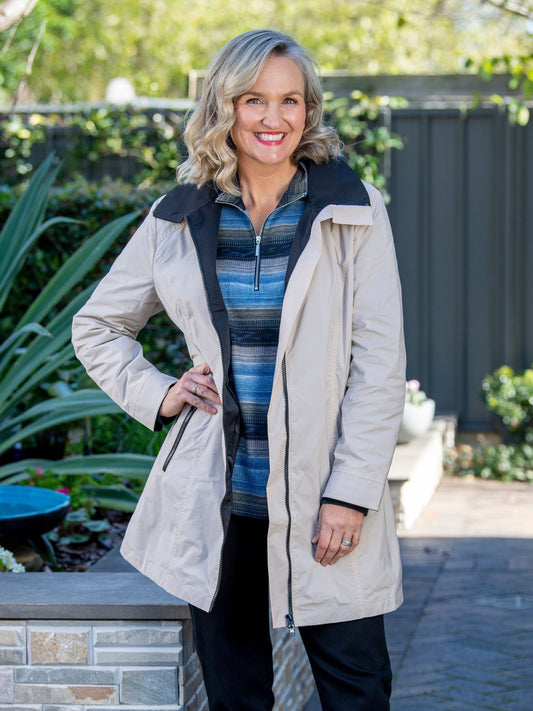 Waterproof thigh length zip front jacket with hood #9006 - Latte