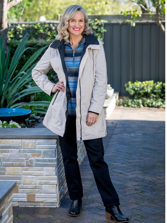 Waterproof thigh length zip front jacket with hood #9006 - Latte