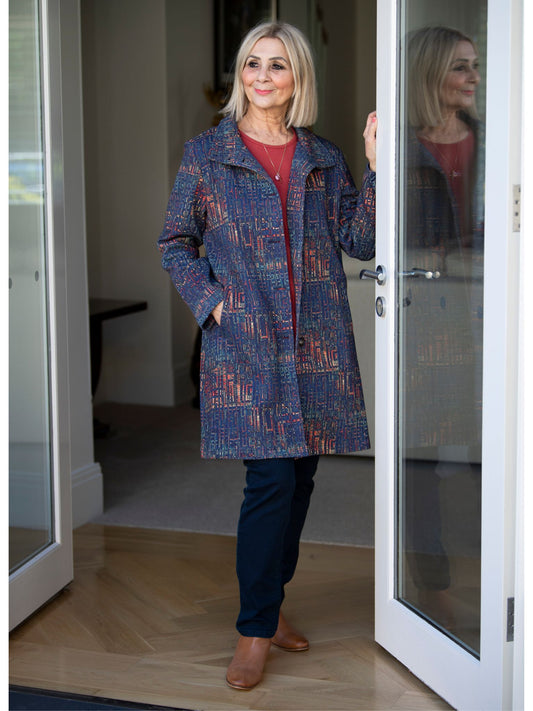 Longline Printed Smart Casual Winter Coat #9479 - Blue Multi