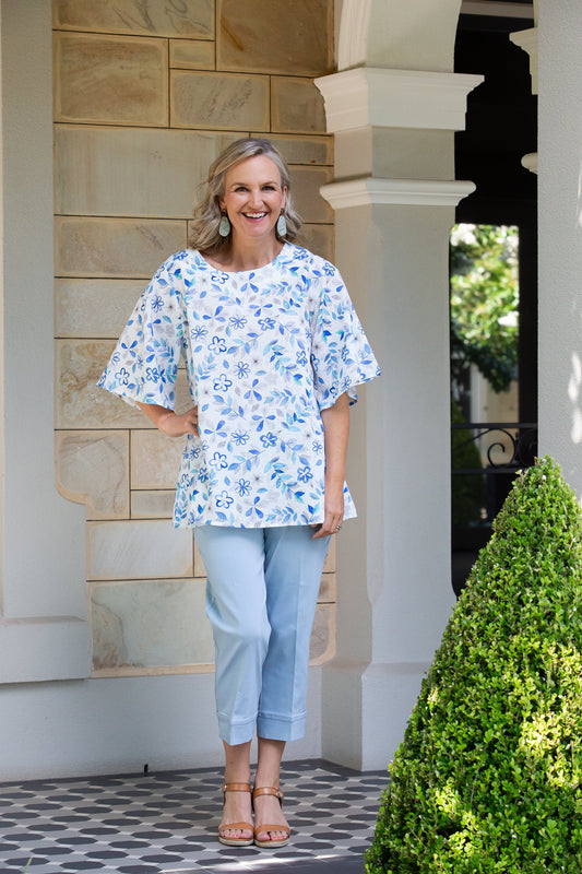 Flutter bell sleeve Blue etched flower Print top #430 - Blue