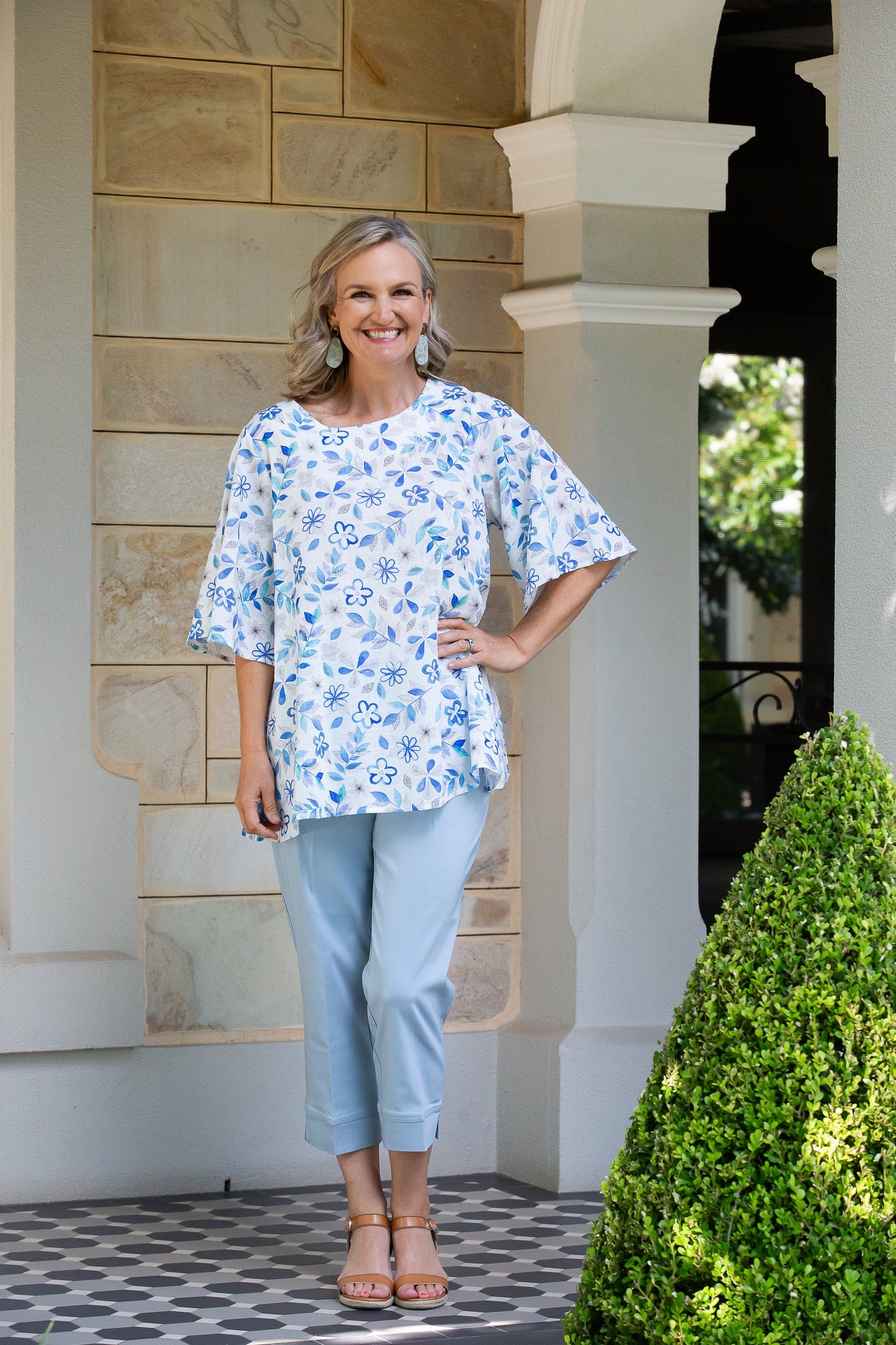 Flutter bell sleeve Blue etched flower Print top #430 - Blue
