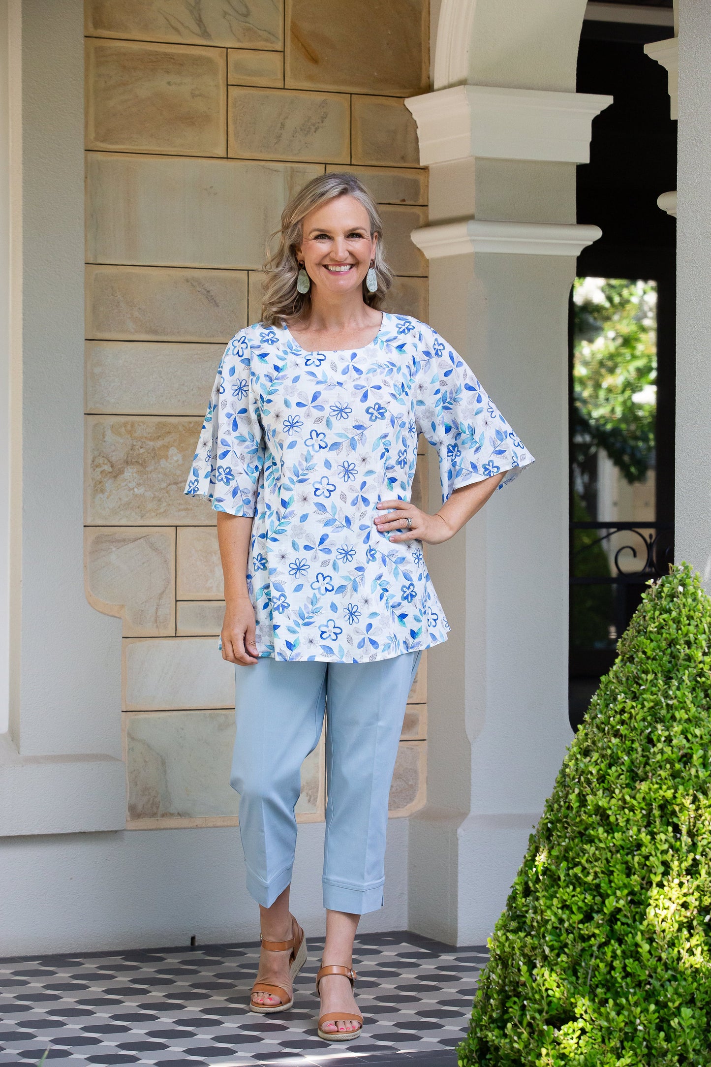Flutter bell sleeve Blue etched flower Print top #430 - Blue