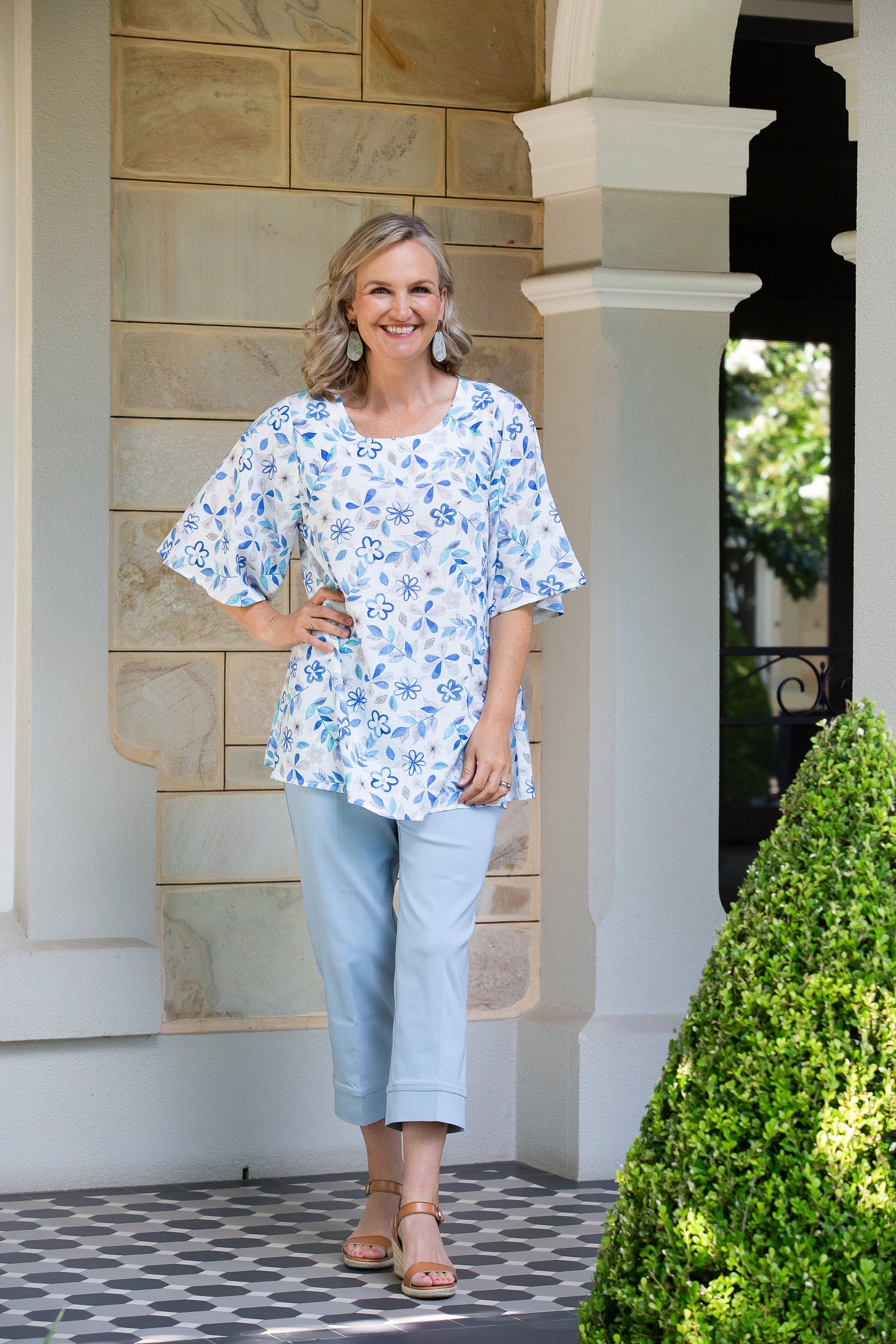 Flutter bell sleeve Blue etched flower Print top #430 - Blue