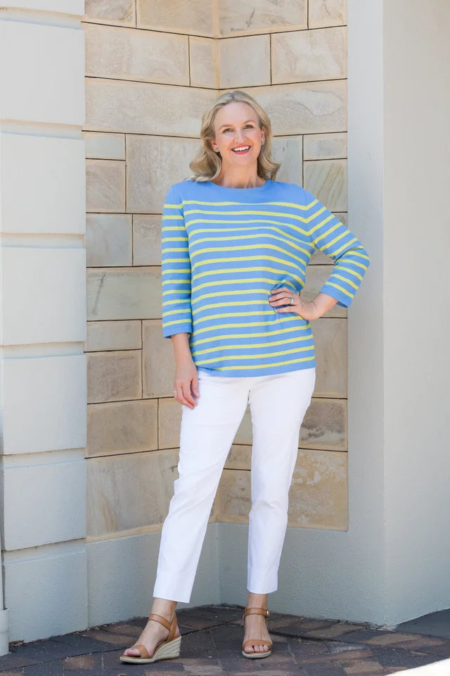 #5017 - Cornflower/Chartreuse 3/4 Sleeve stripe knit sweater