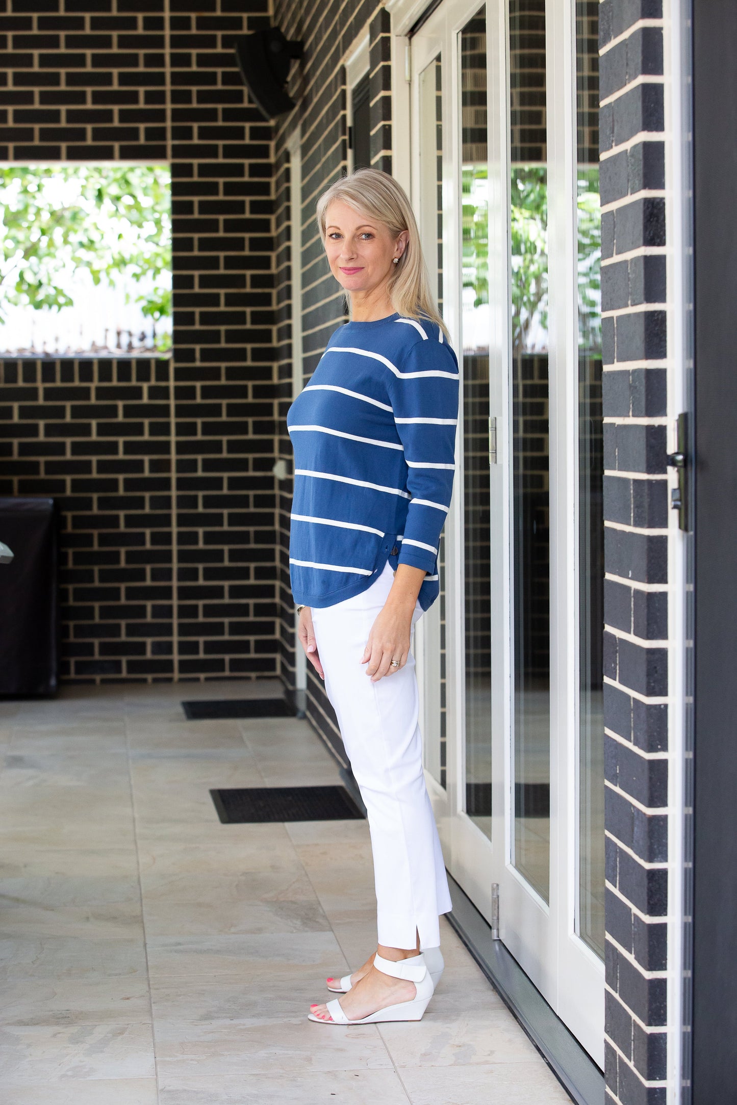 100% Cotton Stripe 3/4 Sleeve Light Weight Summer Knit #5018 - Green/White