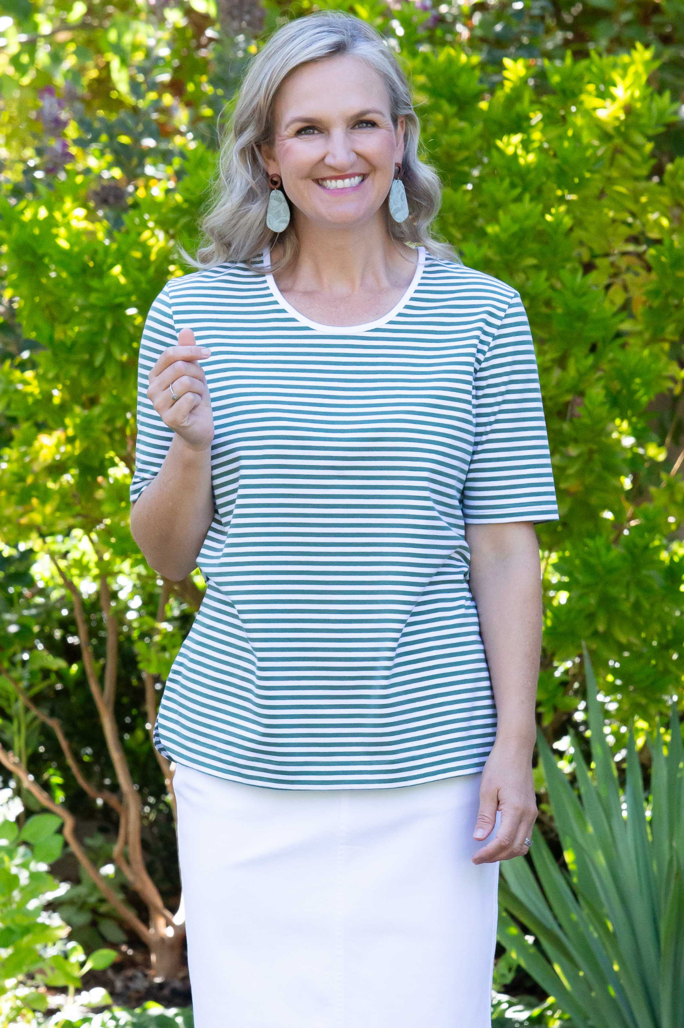 Stretch Cotton Stripe Half Sleeve round neck T-Shirt #147 - Green