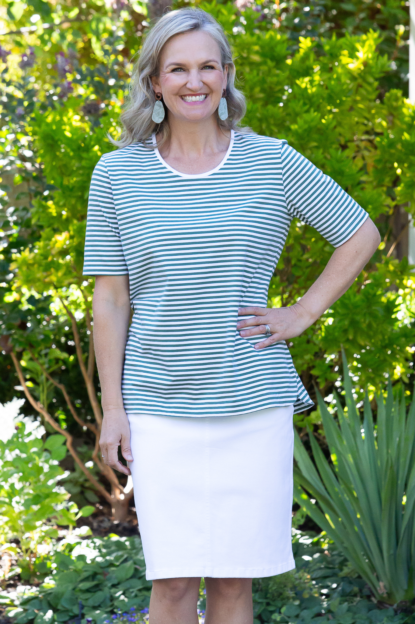 Stretch Cotton Stripe Half Sleeve round neck T-Shirt #147 - Green