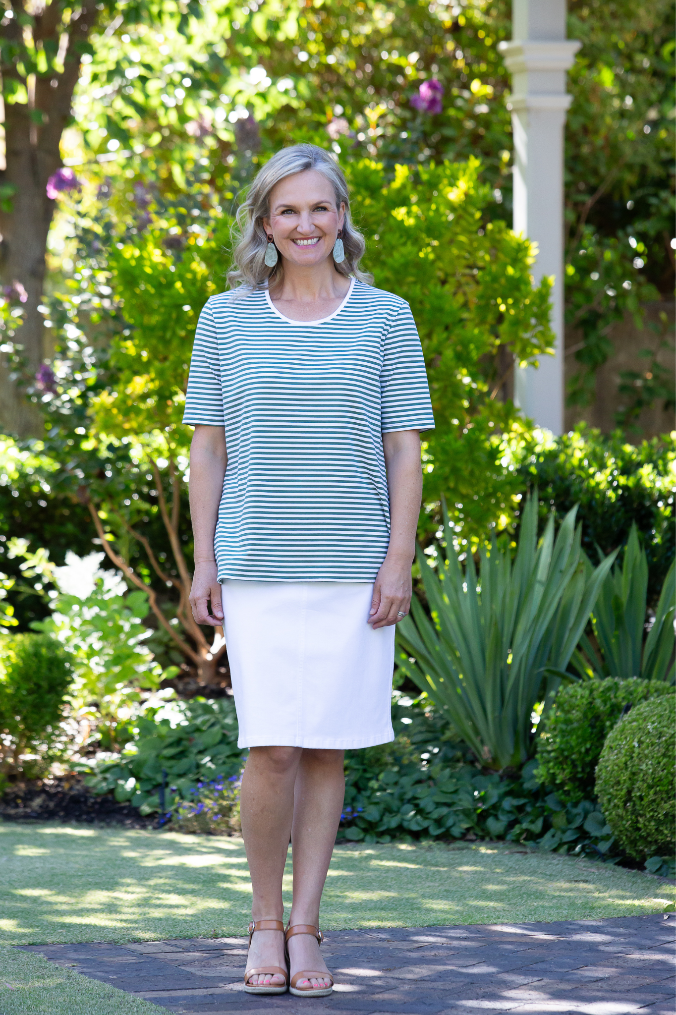 Stretch Cotton Stripe Half Sleeve round neck T-Shirt #147 - Green