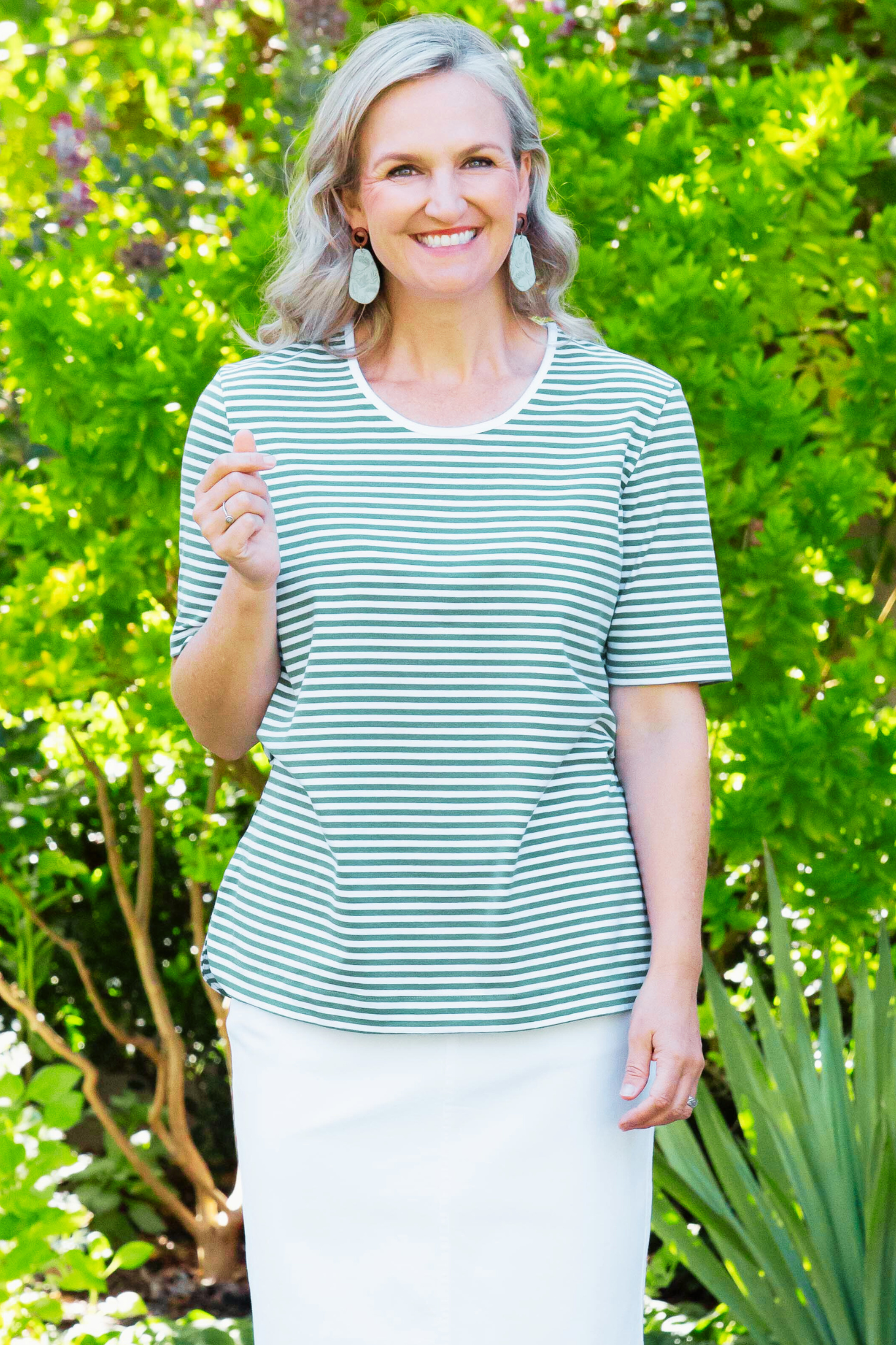 Stretch Cotton Stripe Half Sleeve round neck T-Shirt #147 - Green