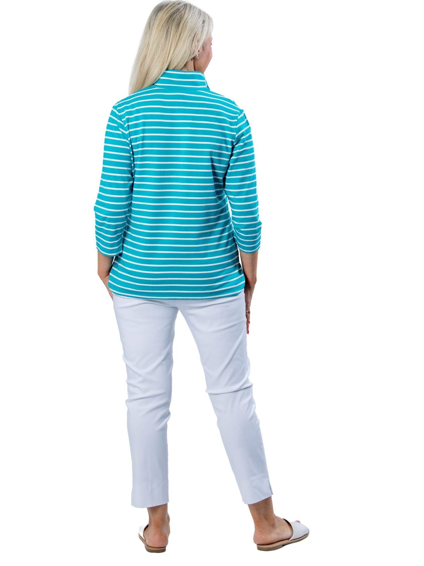 3/4 Sleeve Yarn Dyed Stripe Cotton Top with 1/2 zip #232 - Jade