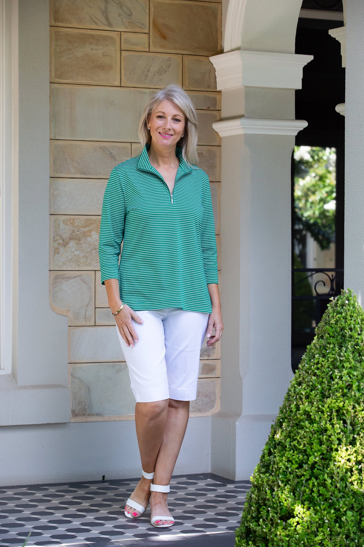 3/4 Sleeve Yarn Dyed Stripe Cotton Top with 1/2 zip #232 - Jade