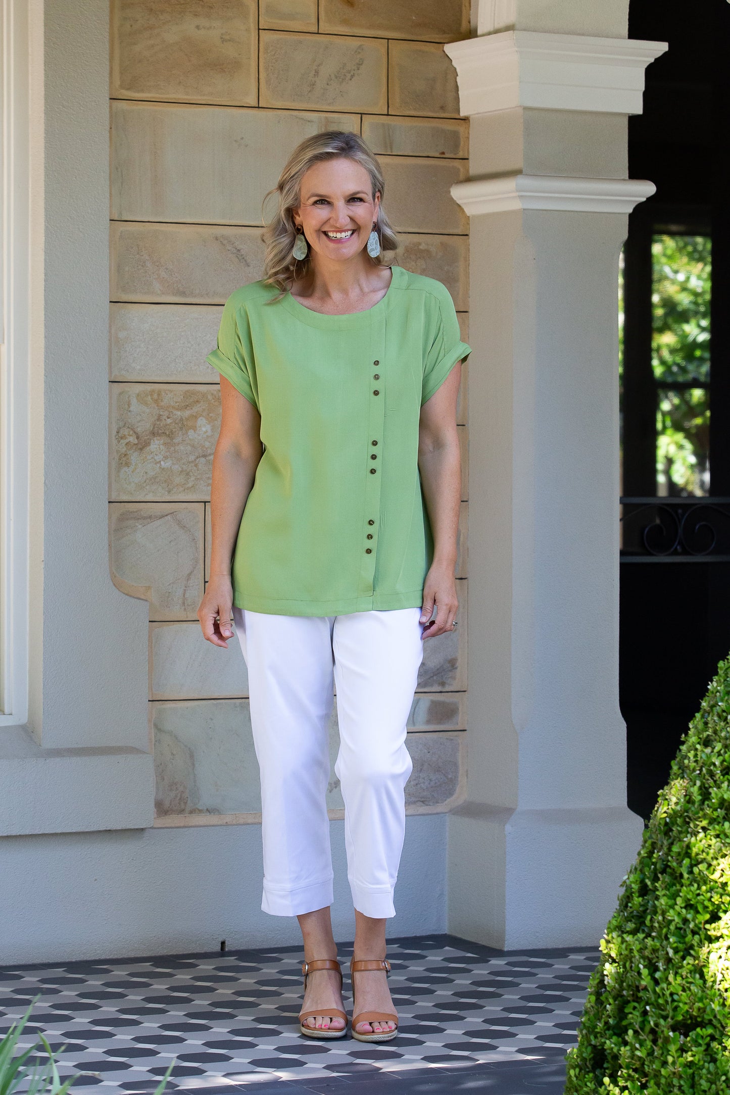 Cuffed short sleeve Top with button feature #317 - Avocado
