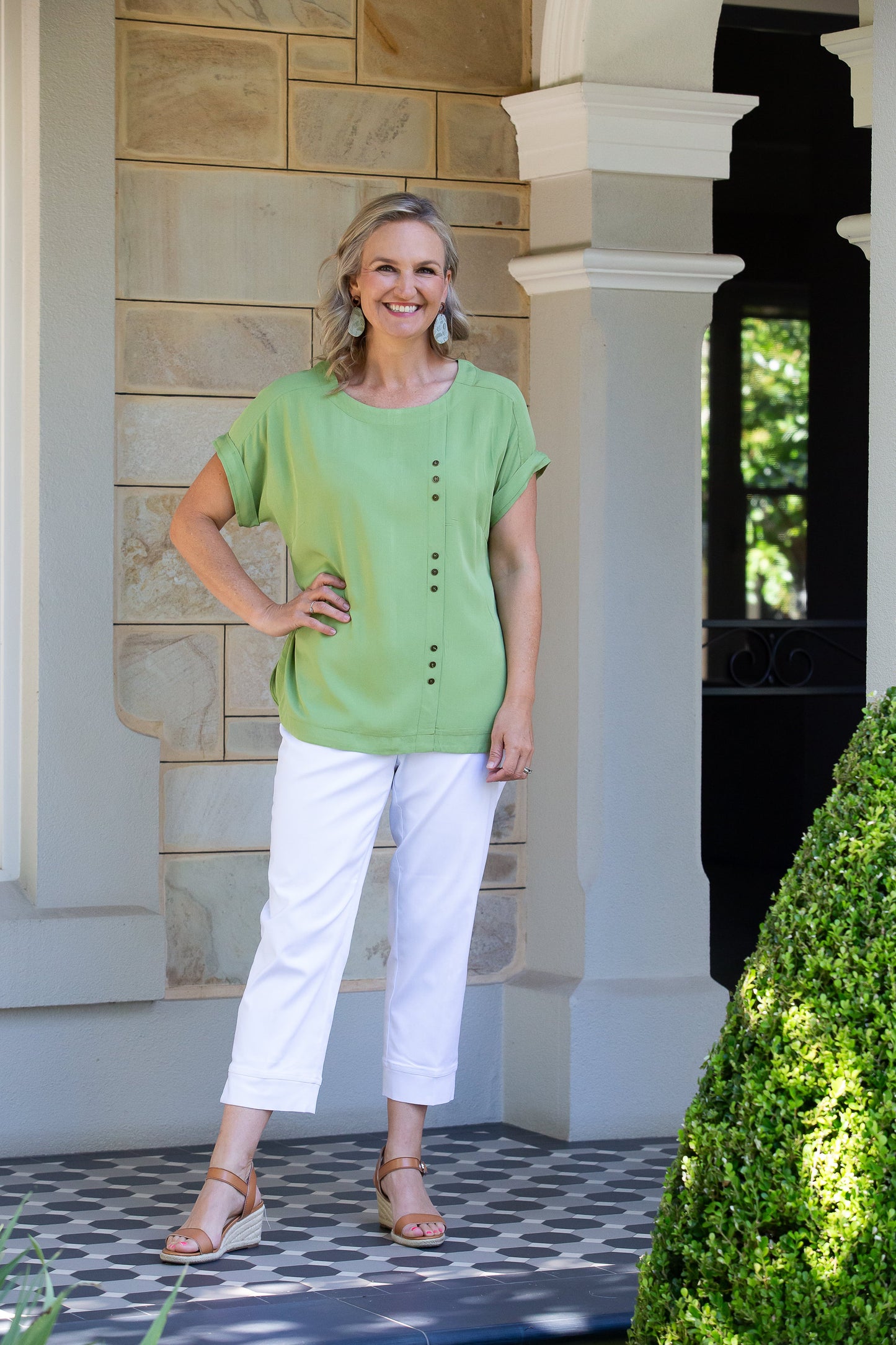 Cuffed short sleeve Top with button feature #317 - Avocado
