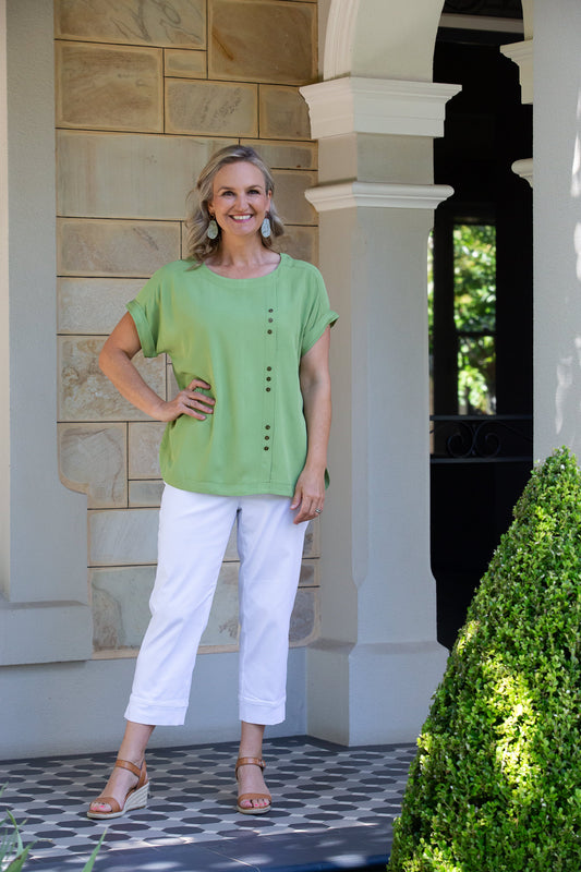 Cuffed short sleeve Top with button feature #317 - Avocado