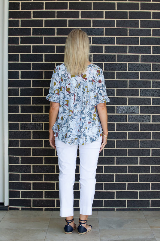 Ruffle floral print top with ruffle sleeve and hem edge finish #349 - Blue