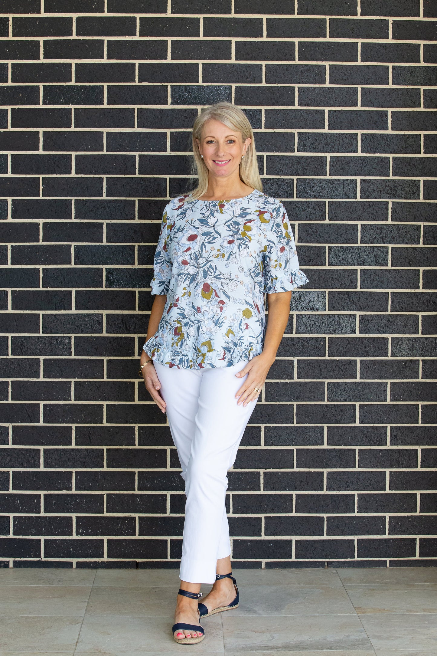 Ruffle floral print top with ruffle sleeve and hem edge finish #349 - Blue