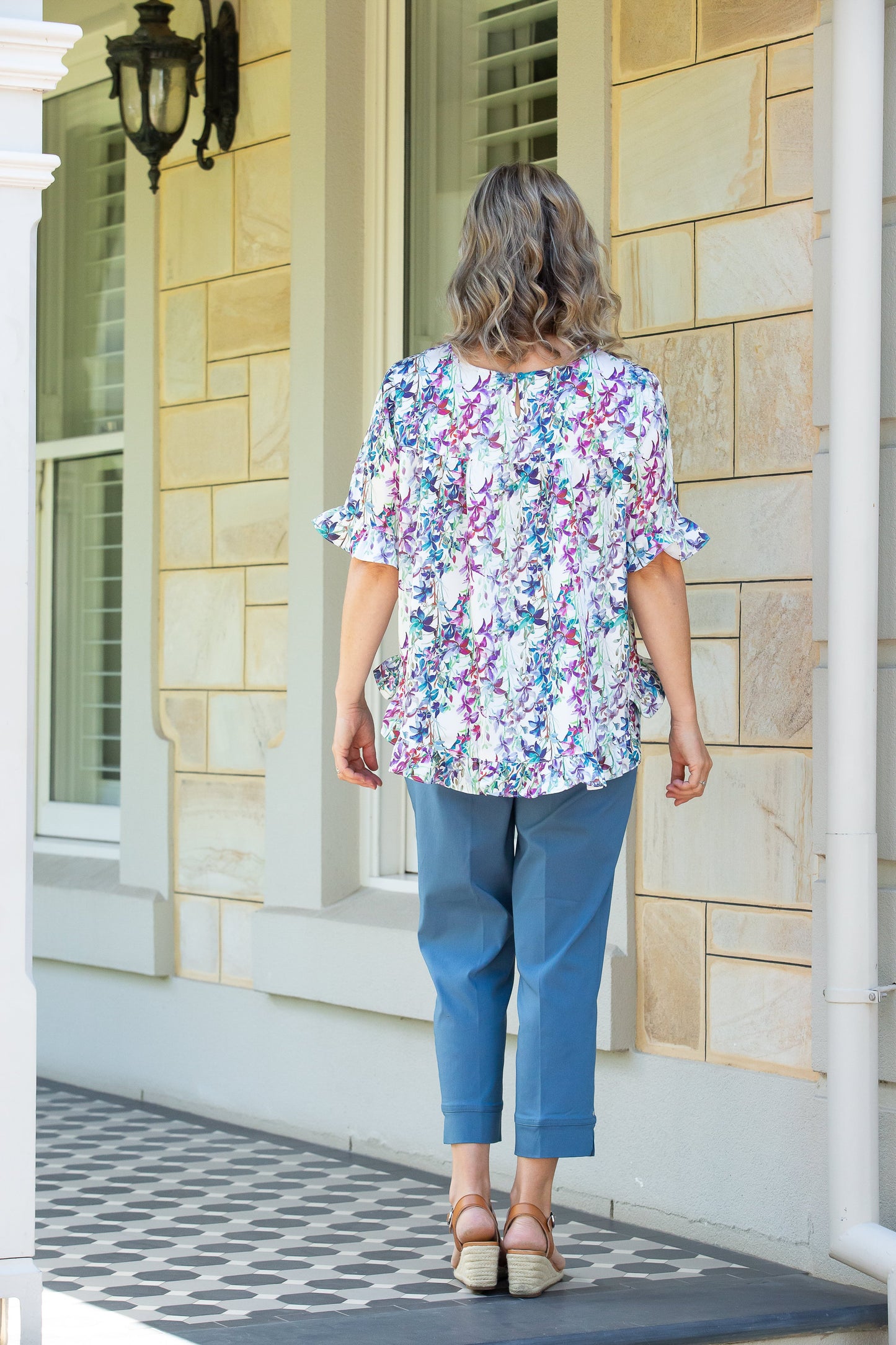 Bell Cuff Fine Leaf print top with ruffle sleeve finish #385 - Blue
