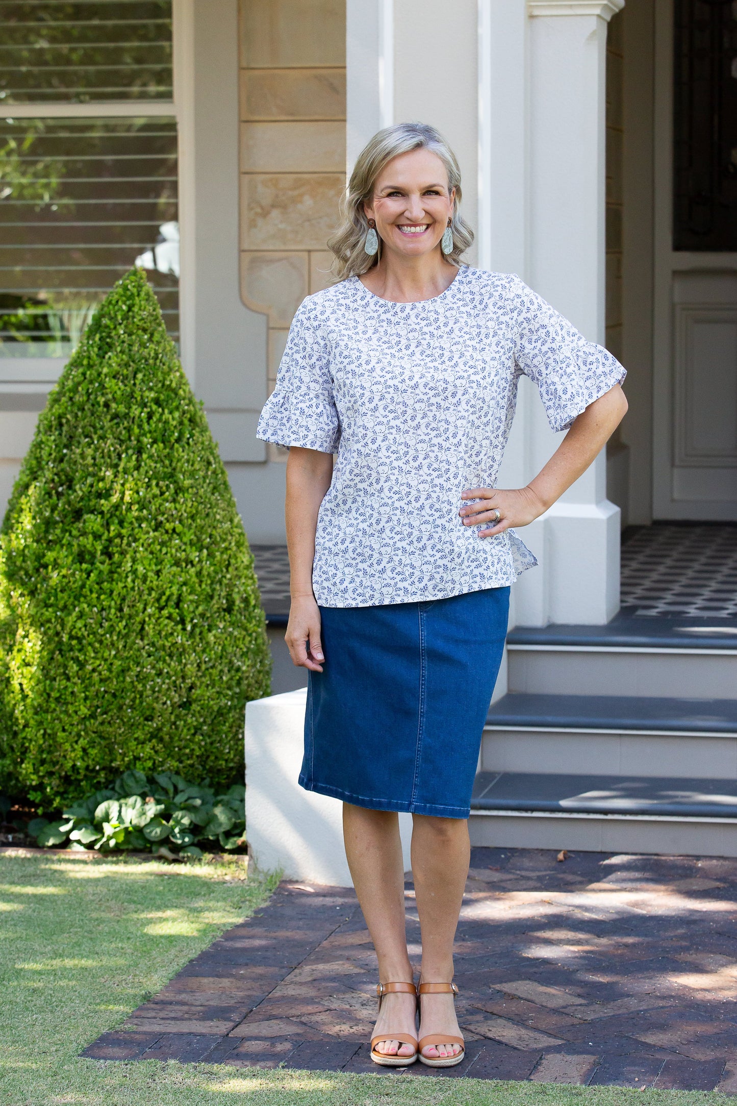 Bell Cuff Fine Leaf print top with ruffle sleeve finish #385 - Blue