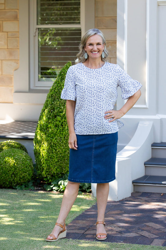 Bell Cuff Fine Leaf print top with ruffle sleeve finish #385 - Blue