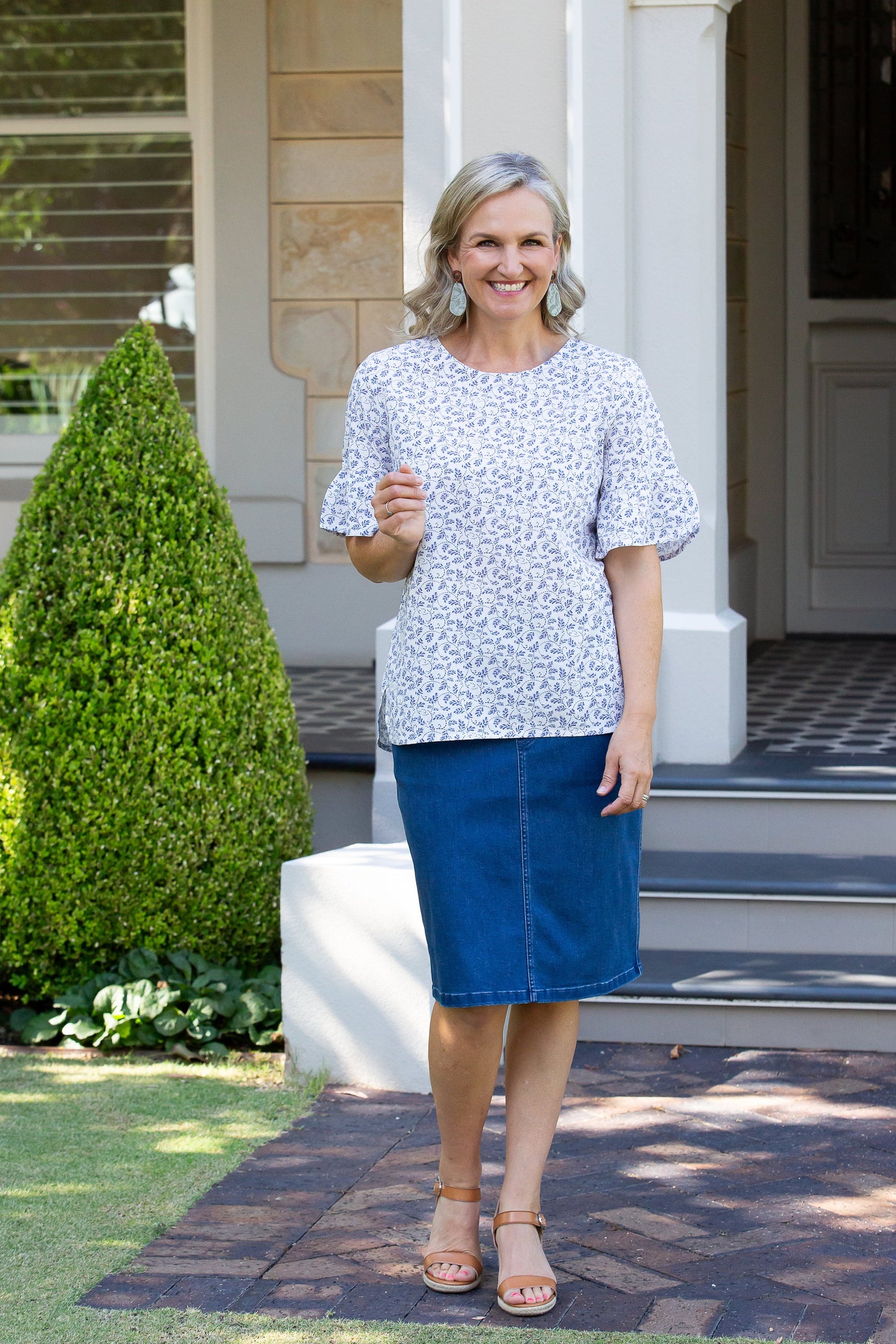 Bell Cuff Fine Leaf print top with ruffle sleeve finish #385 - Blue