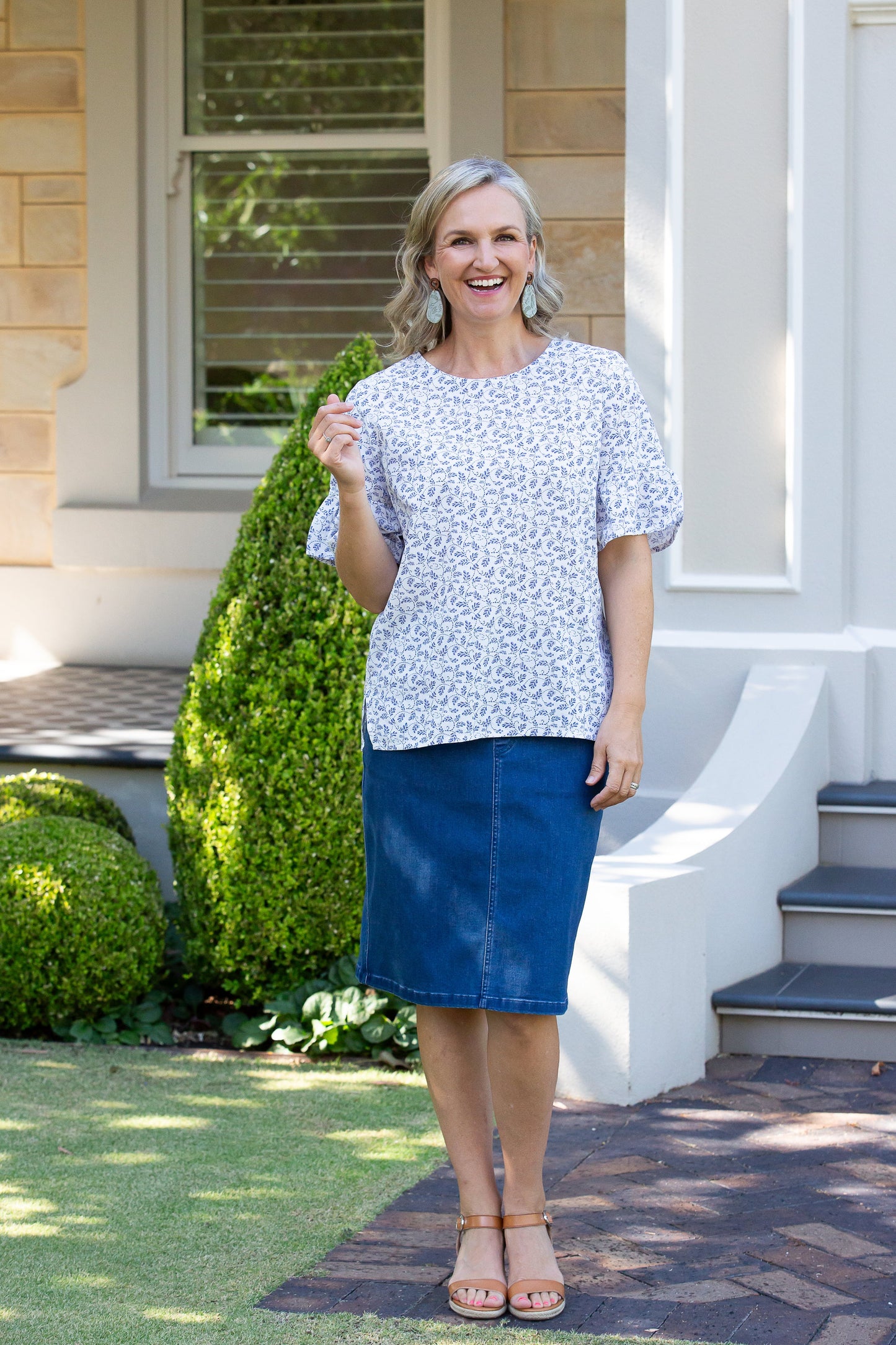 Bell Cuff Fine Leaf print top with ruffle sleeve finish #385 - Blue
