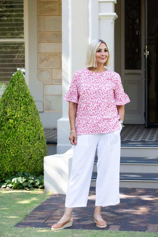 Bell Cuff Fine Leaf print top with ruffle sleeve finish #385 - Pink