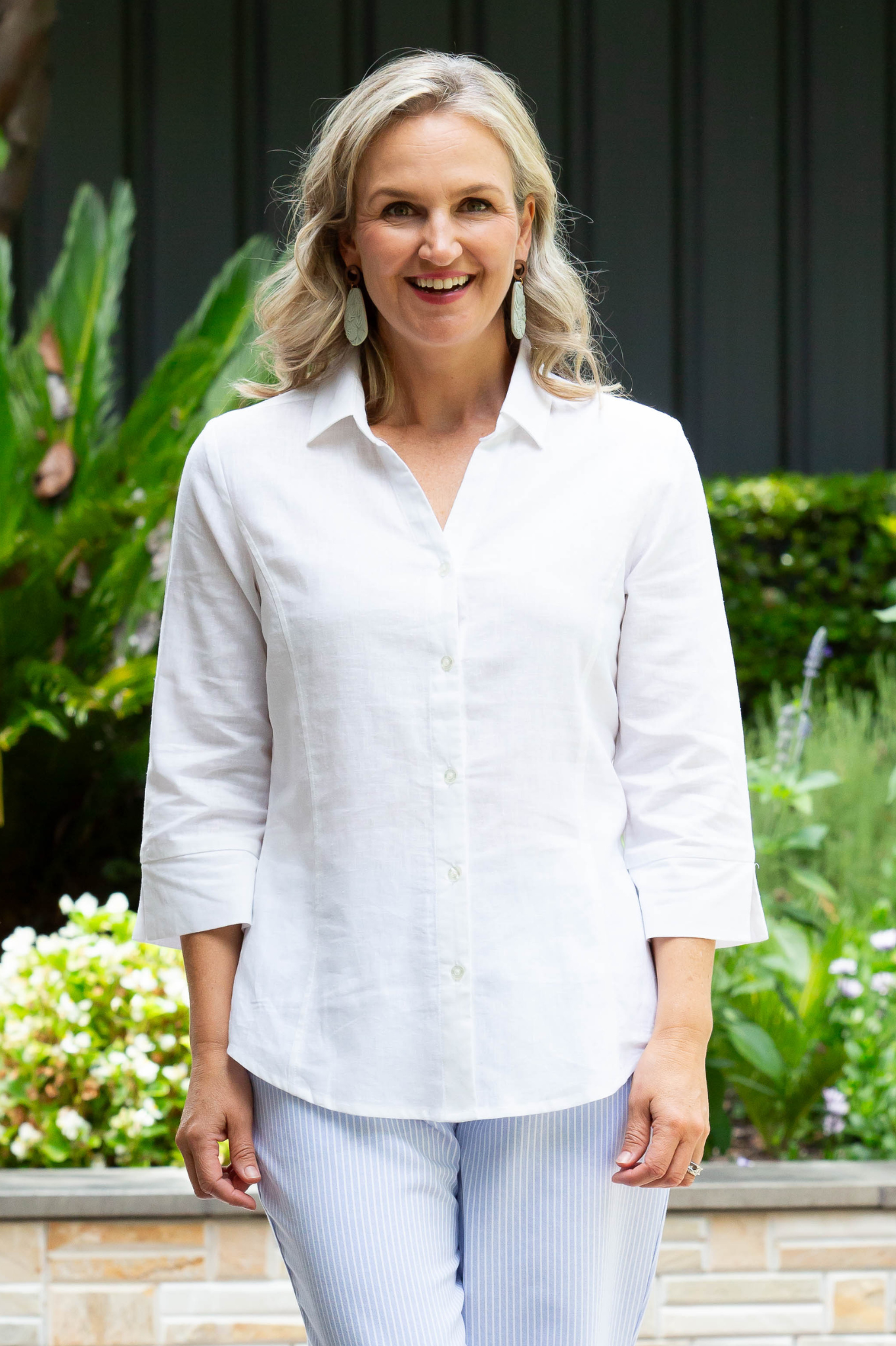 Semi-Fitted Linen Blend 3/4 sleeve shirt #3330 - White
