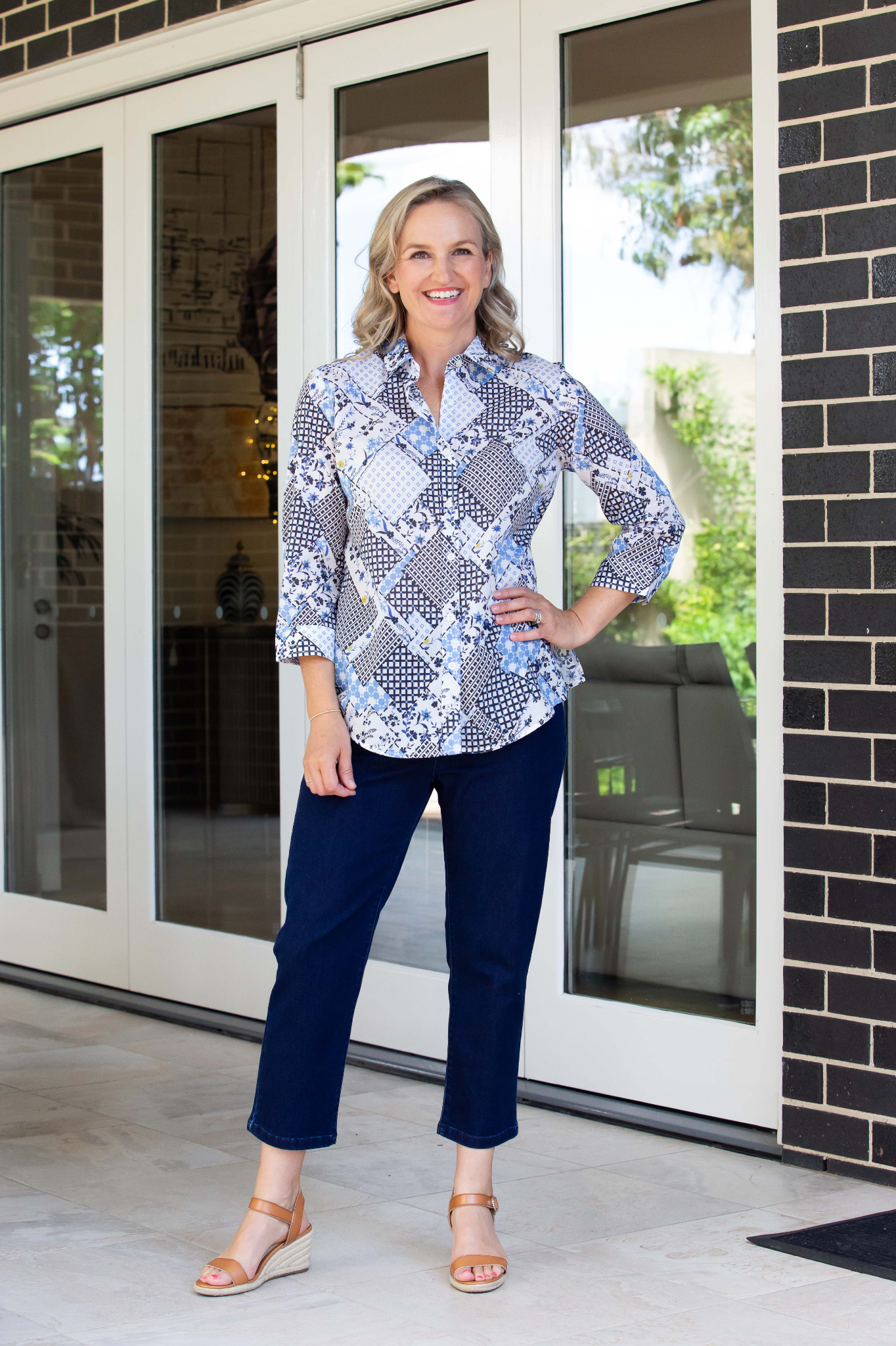 Abstract patchwork print Semi-Fitted 3/4 sleeve shirt #3612 - Patchwork