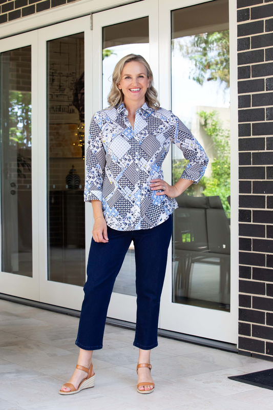 Abstract patchwork print Semi-Fitted  3/4 sleeve shirt #3612 - Patchwork